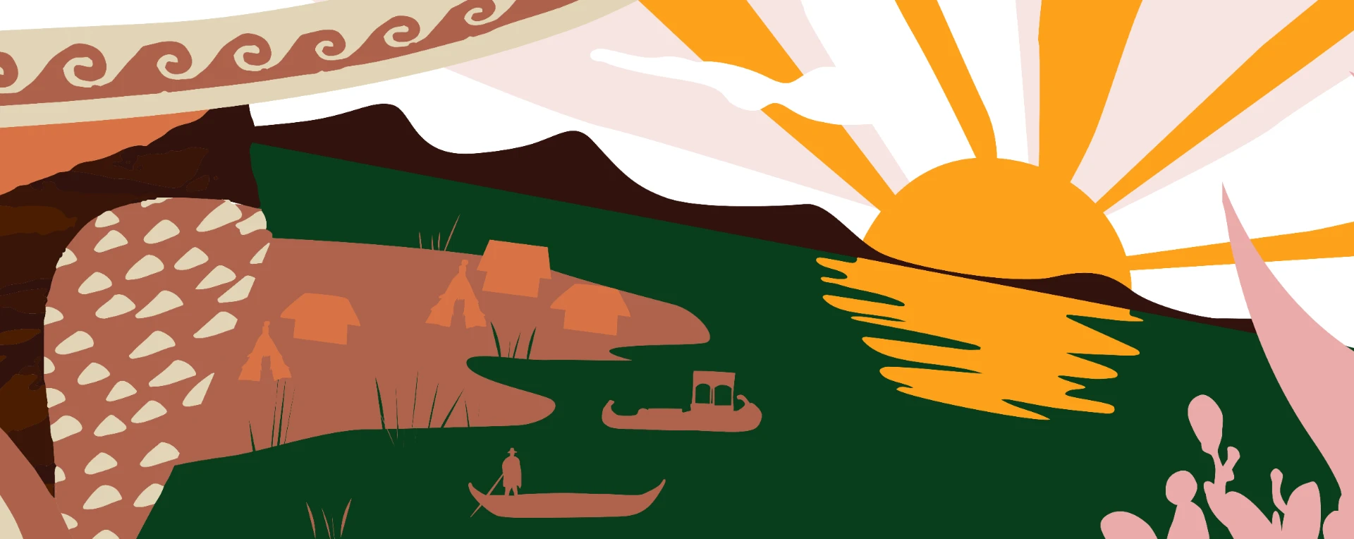Illustration Maison Pérou : le soleil andin se lève sur le lac et les barques de pêcheurs