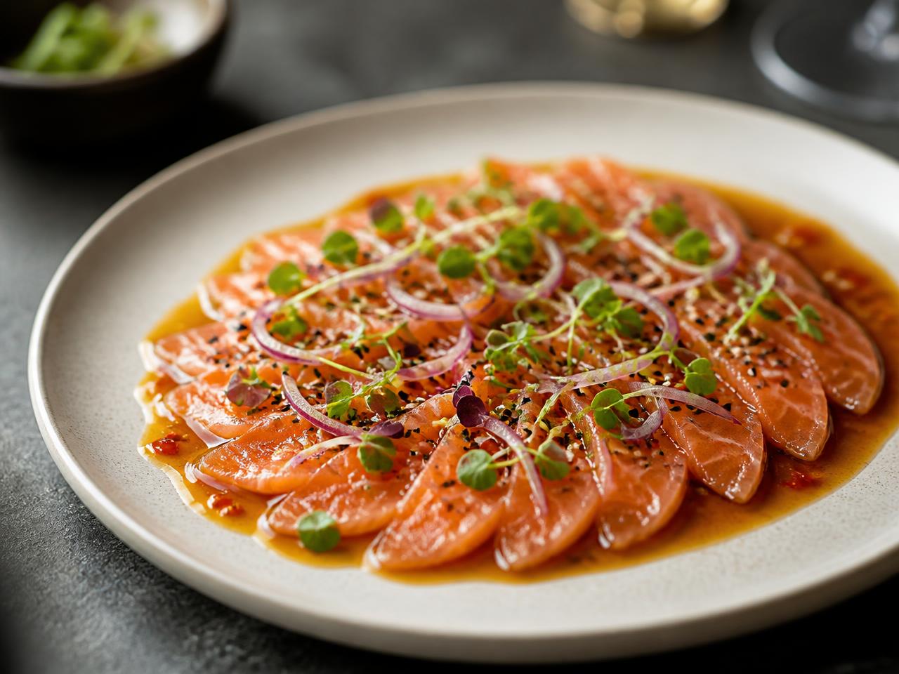 Tiradito de saumon suke nikkei dressé à l'assiette