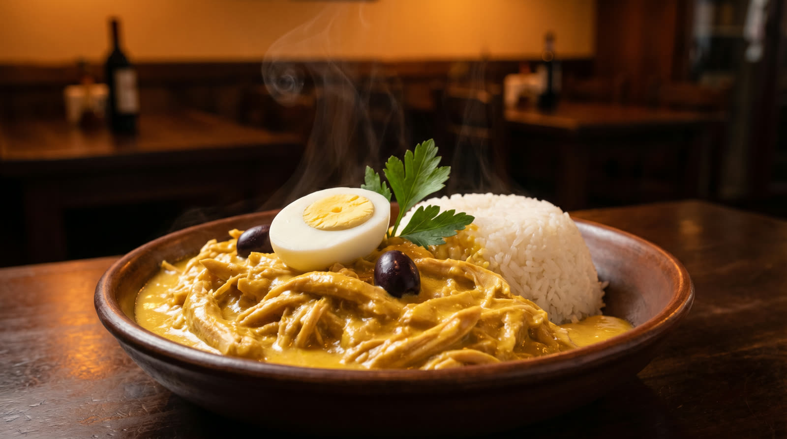 Ají de gallina servi avec riz blanc et olive