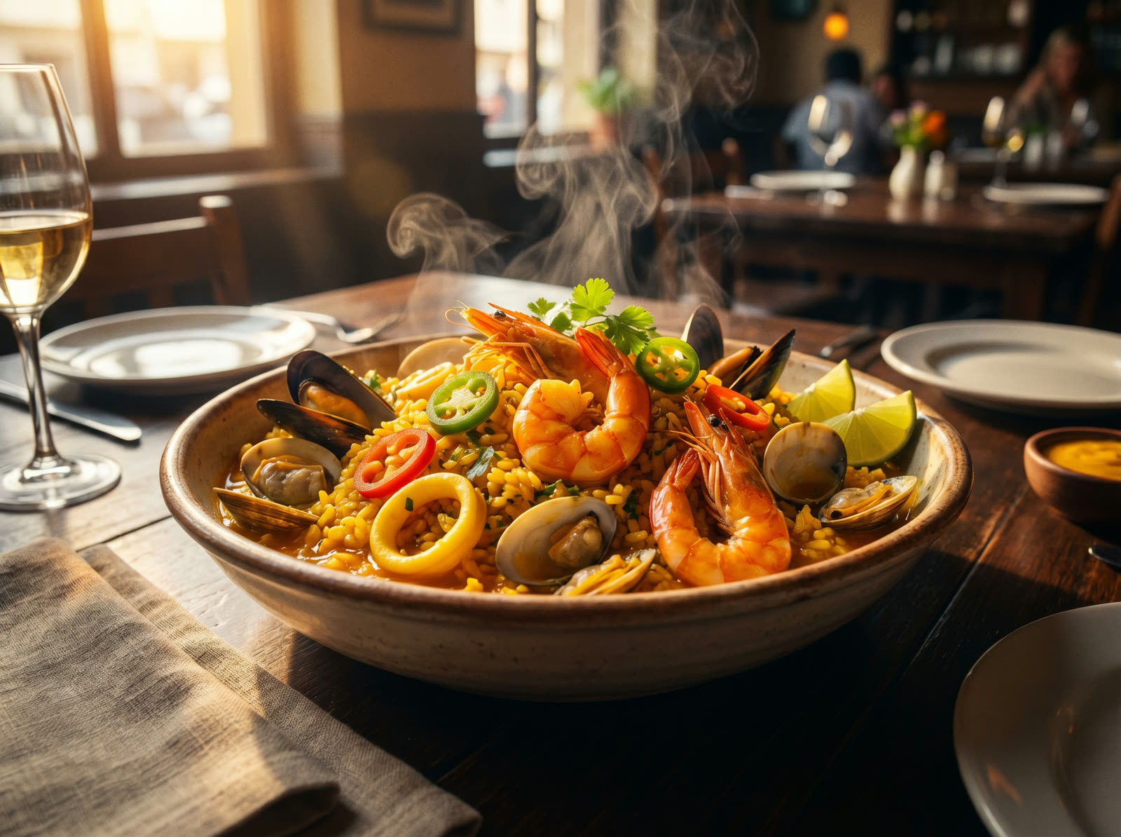 Arroz con mariscos servi en cocotte