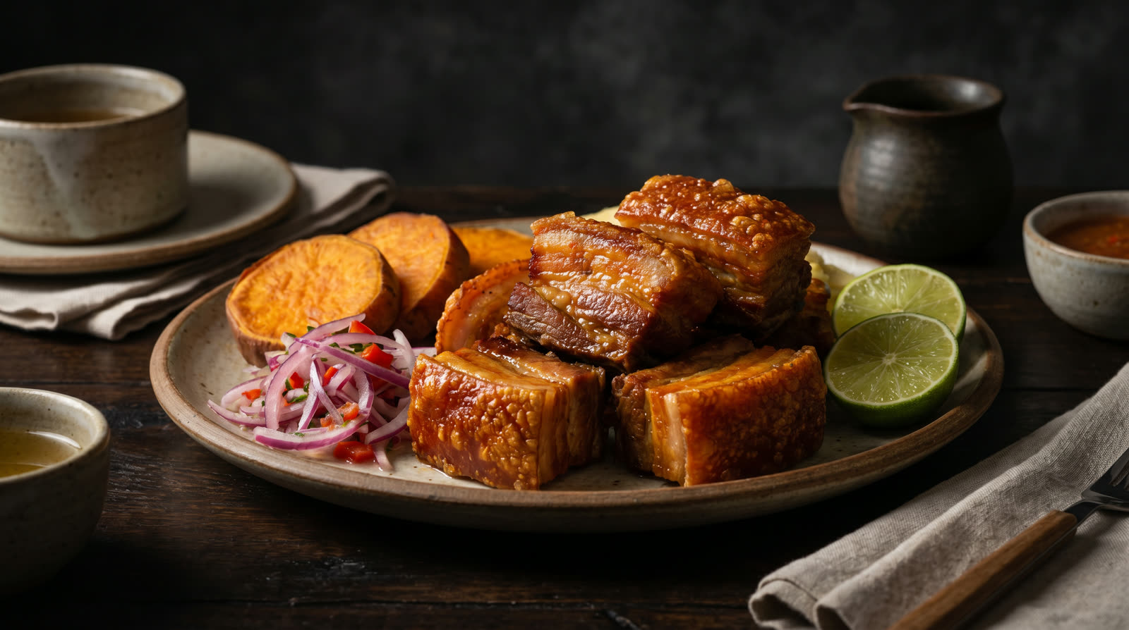 Chicharrón de cerdo croustillant avec salsa criolla