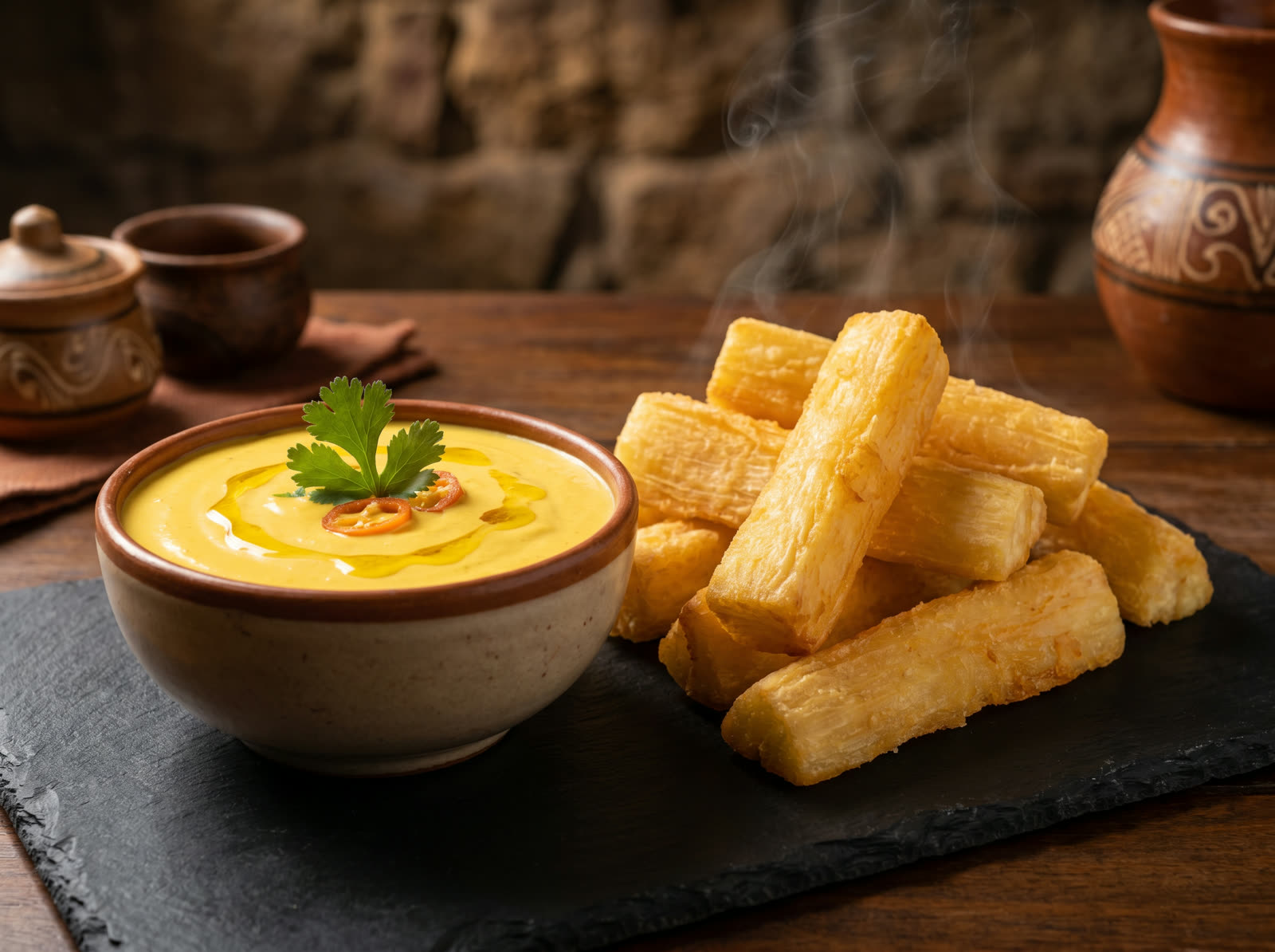 Yuquitas a la huancaína servies en apéritif